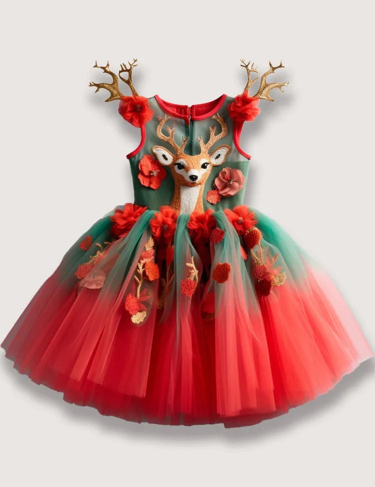 Festival Reindeer Embroidered Tulle Dress