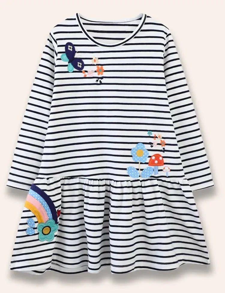 Butterfly Flower Appliqué Striped Dress