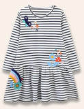 Butterfly Flower Appliqué Striped Dress
