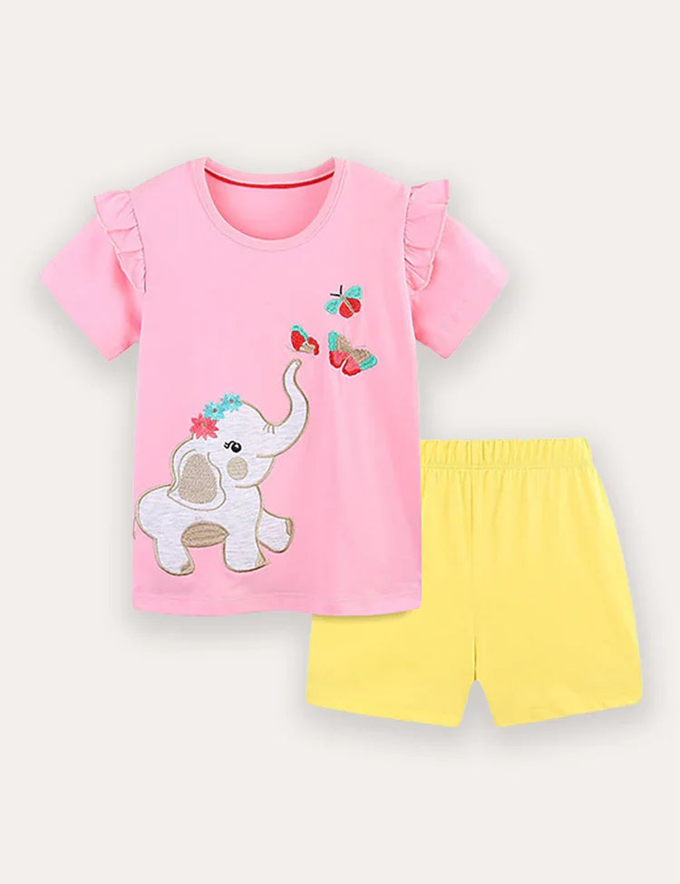 Baby Elephant Embroidery Short Sleeve T-Shirt and Shorts Set