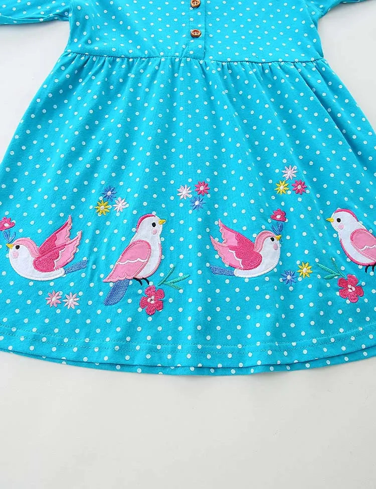 Bird Embroidered Long-sleeved Dress