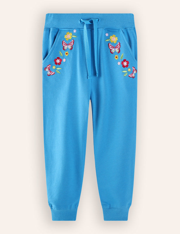 Butterfly Flower Embroidered Sweatpants