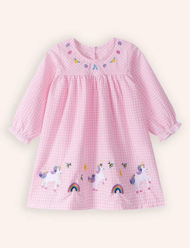 Rainbow Unicorn Applique Long Sleeves Dress
