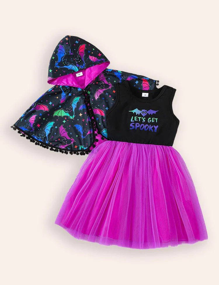 Halloween Bat Print Cape + Tulle Vest Dress Set