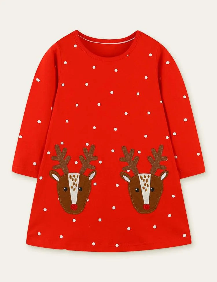 Elk Appliqué Polka Dot Long Sleeve Dress - Mini Taylor