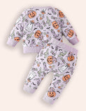 Halloween Pumpkin Print Long-sleeved Sweatshirt + Pants Set