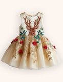 Tulle Floral Reindeer Embroidered Dress