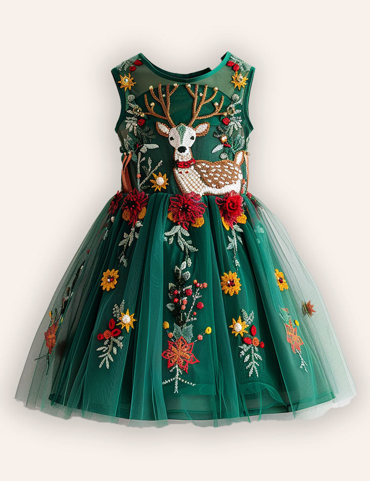 Christmas Reindeer Embroidery Long Tulle Dress