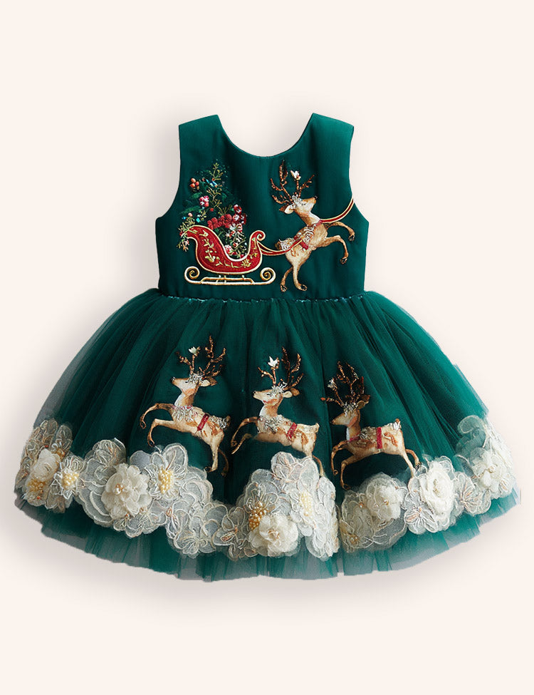 Tulle Christmas Santa & Reindeer Appliqué Dress