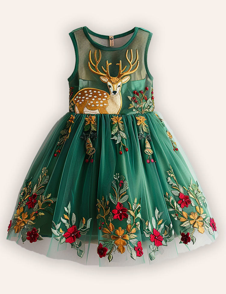 Christmas Reindeer Embroidery Long Tulle Dress