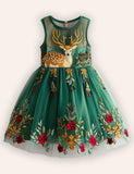 Christmas Reindeer Embroidery Long Tulle Dress