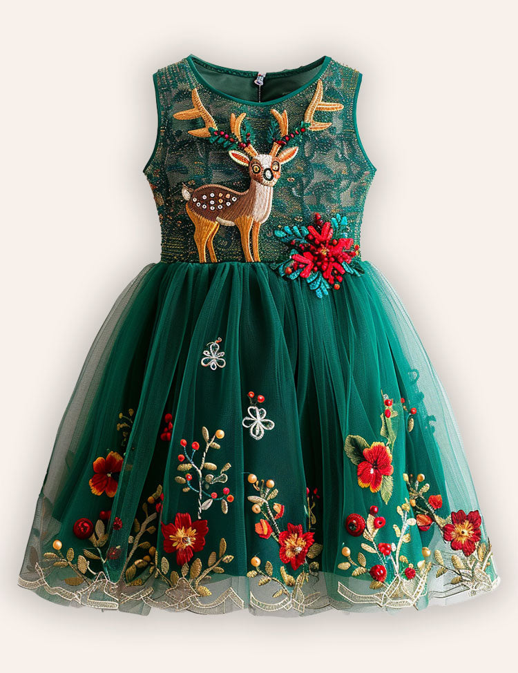 Christmas Reindeer Embroidery Long Tulle Dress