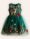 Christmas Reindeer Embroidery Long Tulle Dress