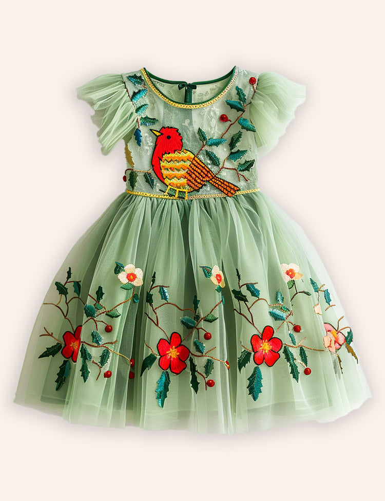 Christmas Flower Robin Embroidered Tulle Dress