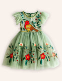 Christmas Flower Robin Embroidered Tulle Dress