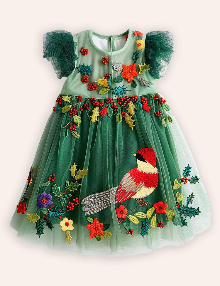 Christmas Flower Robin Embroidered Tulle Dress