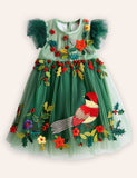 Christmas Flower Robin Embroidered Tulle Dress