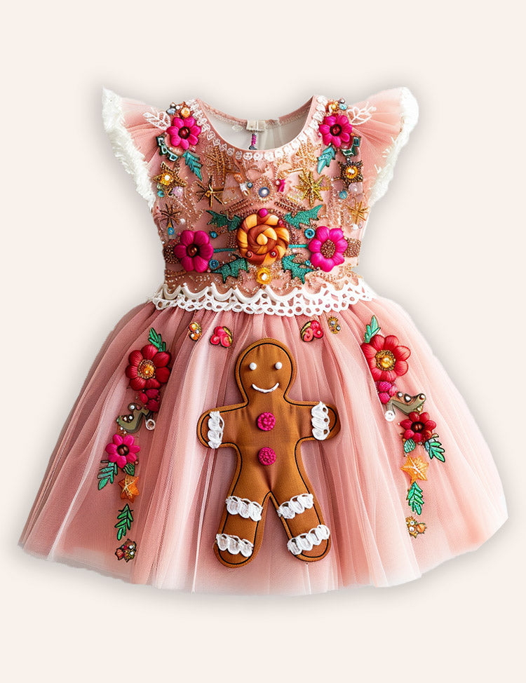 Christmas Gingerbread Man Applique Tulle Party Dress