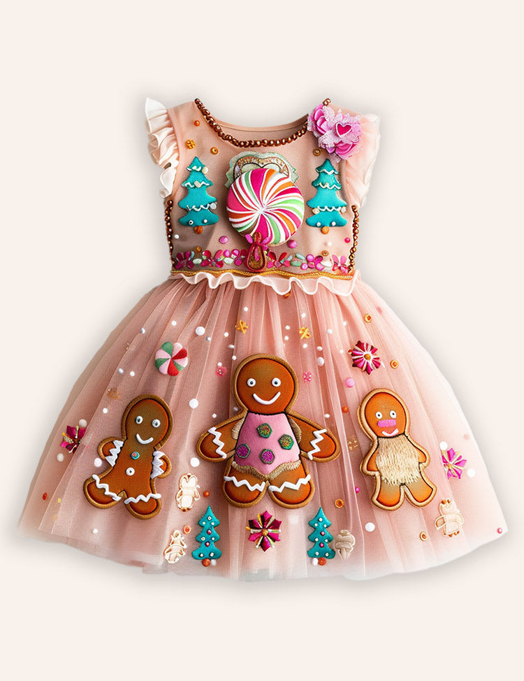 Christmas Gingerbread Man Applique Tulle Party Dress