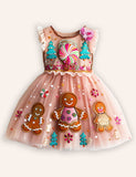 Christmas Gingerbread Man Applique Tulle Party Dress