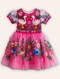 Floral Swans Embroidered Tulle Dress