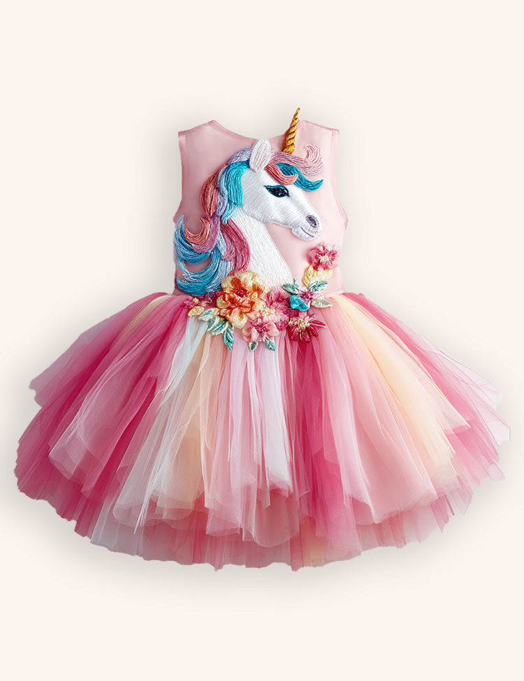 Floral Unicorn Appliqué Tulle Party Dress