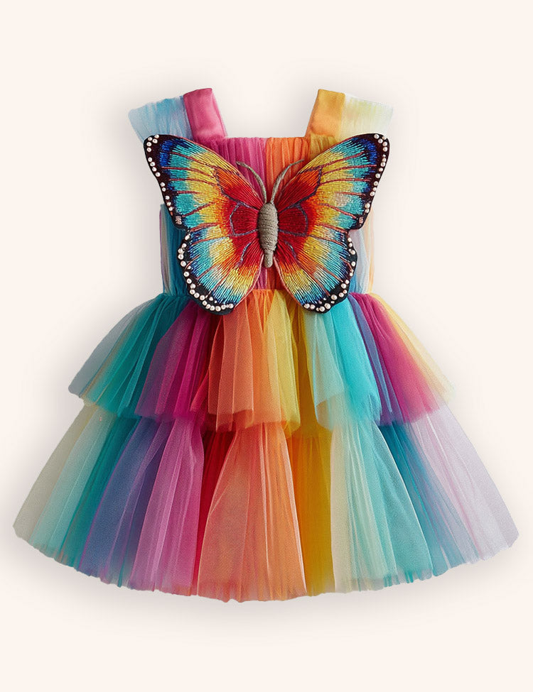 Rianbow Butterfly Appliqué Tulle Party Dress