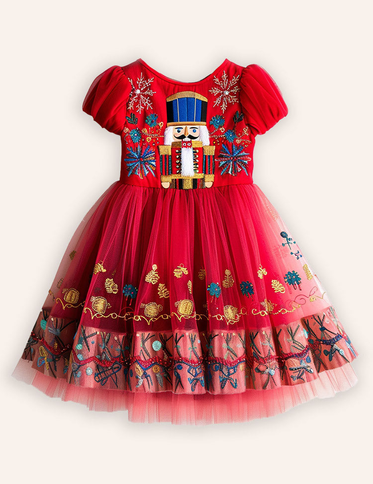 Christmas Nutcrackers Embroidered Tulle Dress