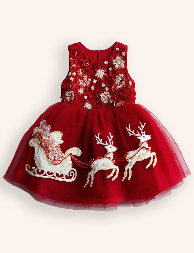 Tulle Sleds Reindeer Embroidered Dress
