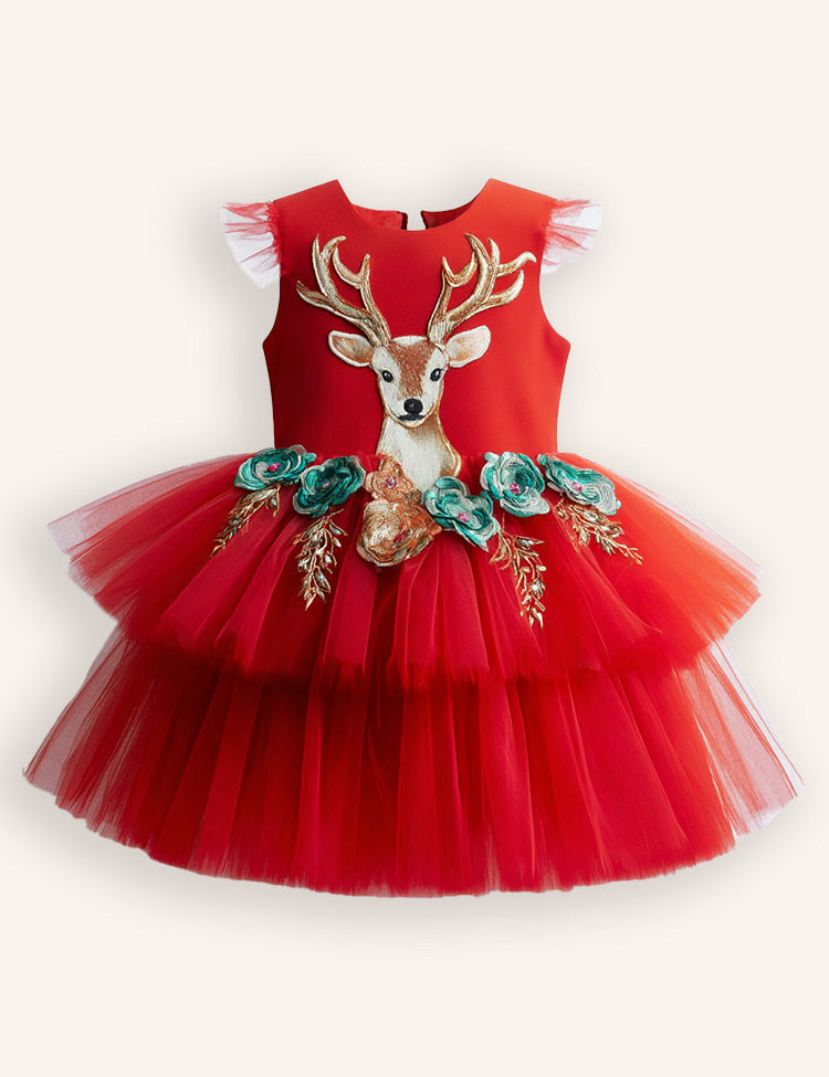 Tulle Floral Reindeer Embroidered Dress