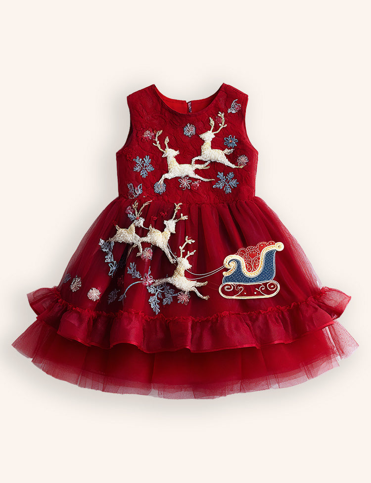 Tulle Sleds Reindeer Embroidered Dress