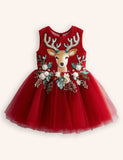 Tulle Floral Reindeer Embroidered Dress