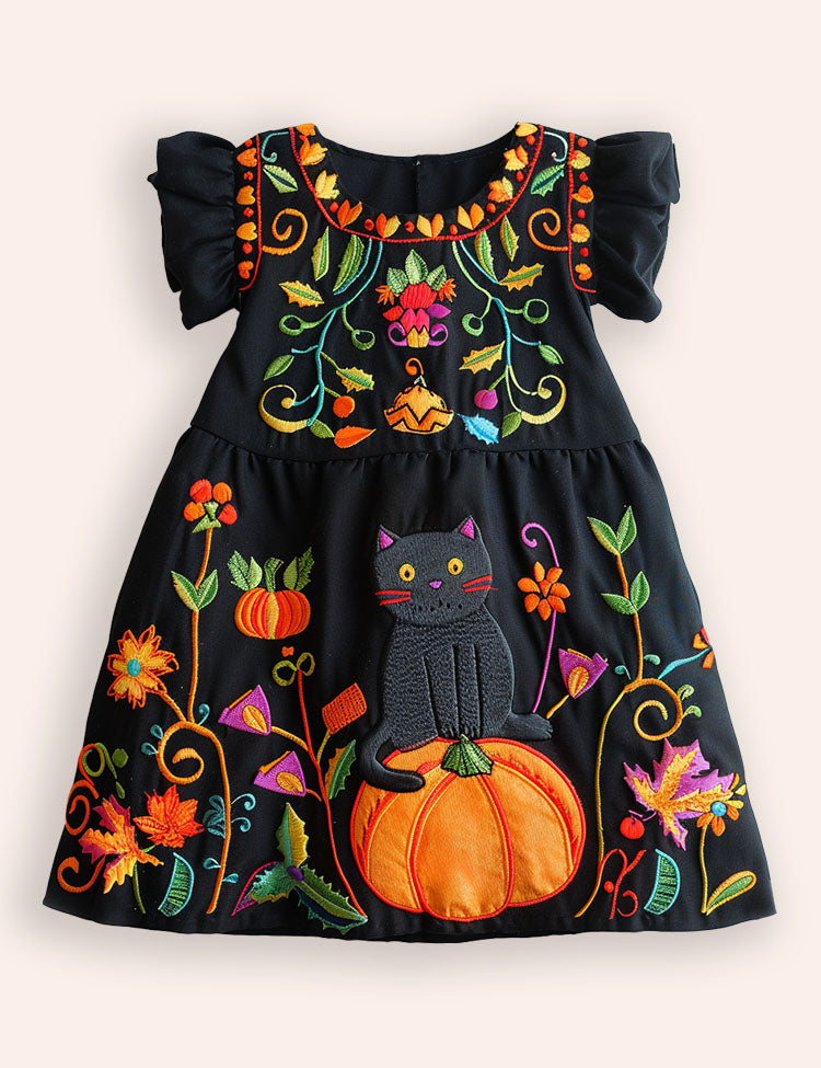 Halloween Pumpkin Cat Appliqué Dress