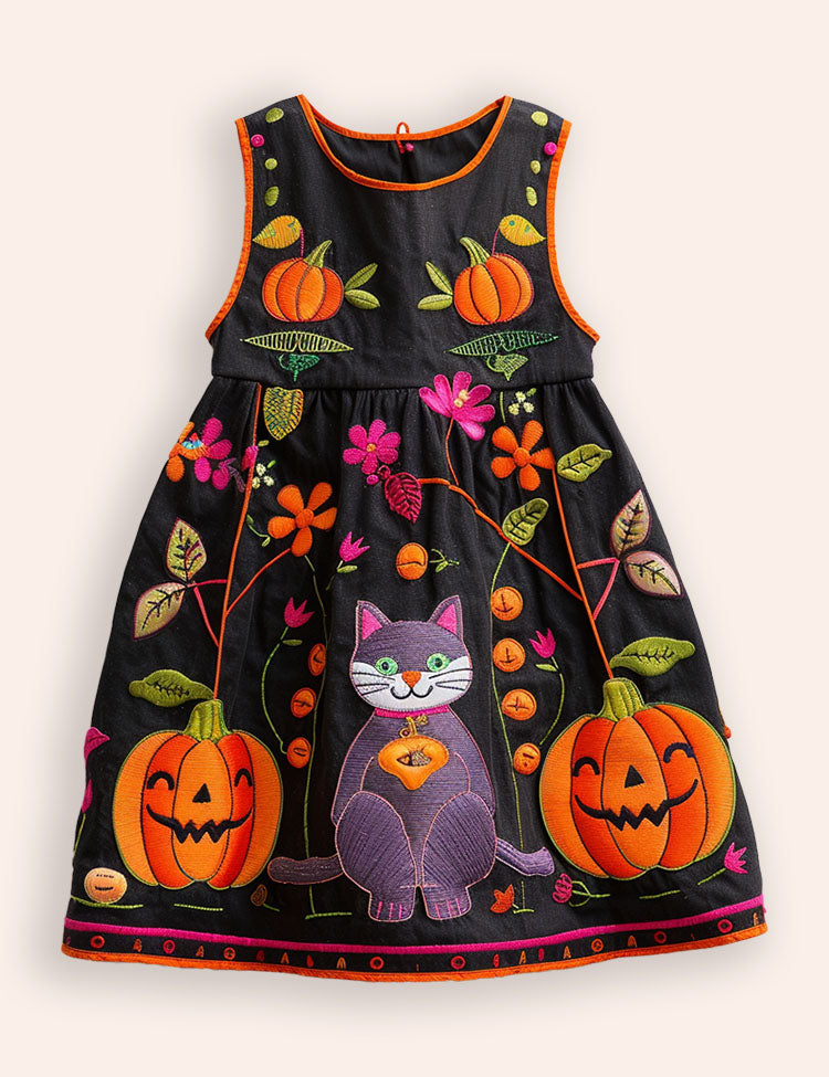 Halloween Pumpkin Cat Appliqué Dress