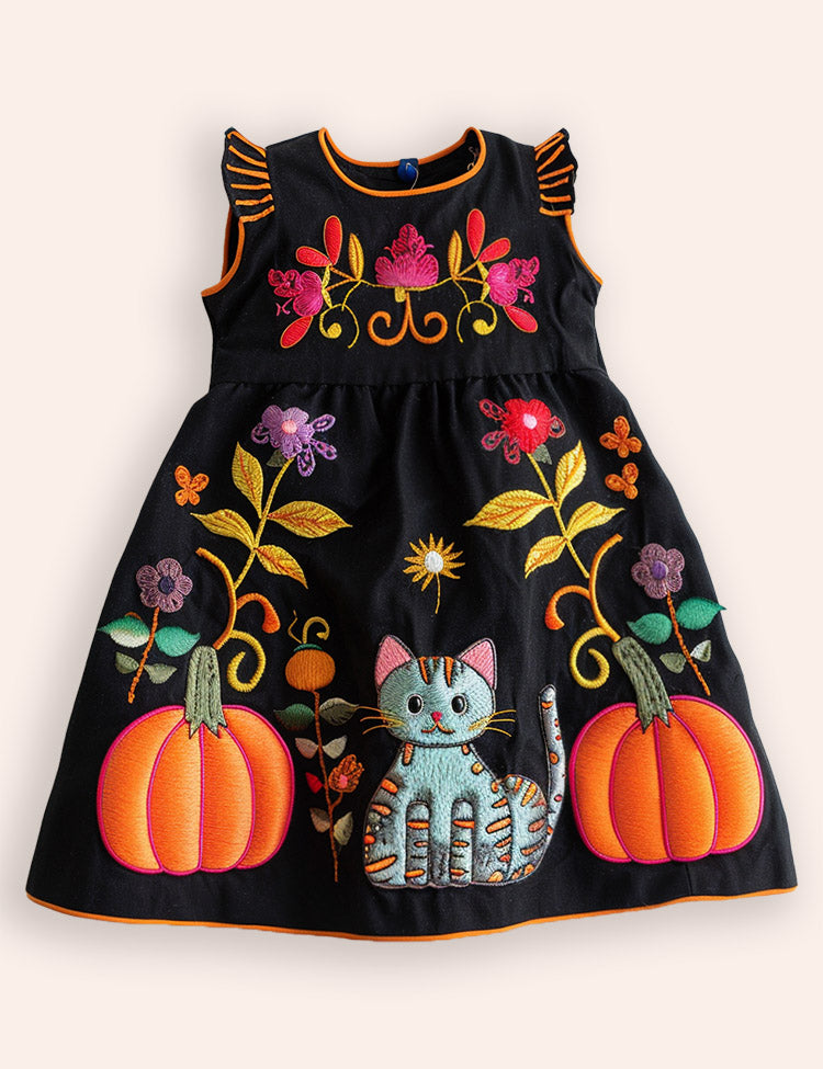 Halloween Pumpkin Cat Appliqué Dress