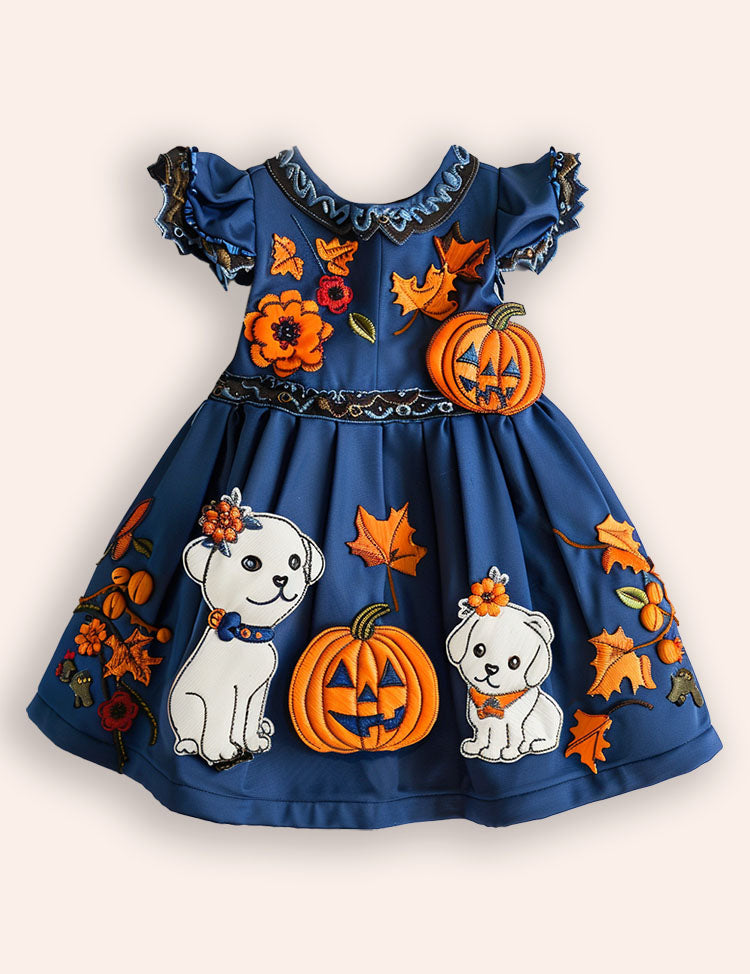 Halloween Puppy Pumpkin Appliqué Dress
