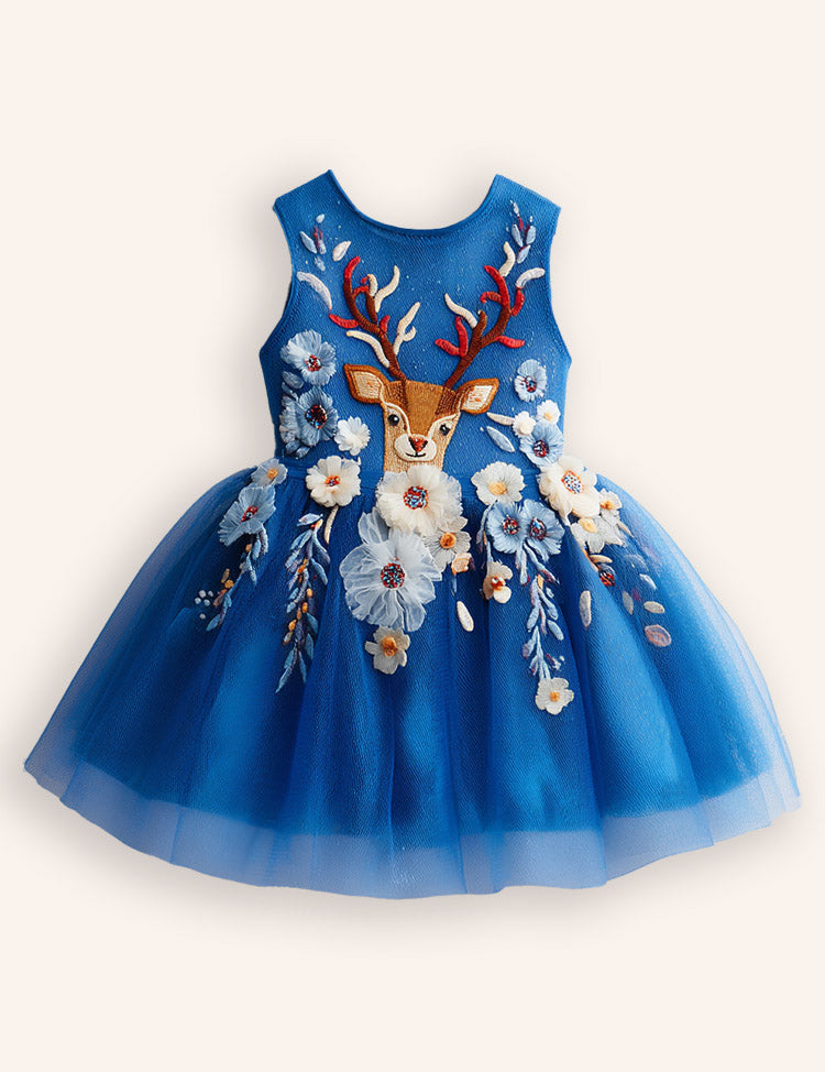 Tulle Floral Reindeer Embroidered Dress