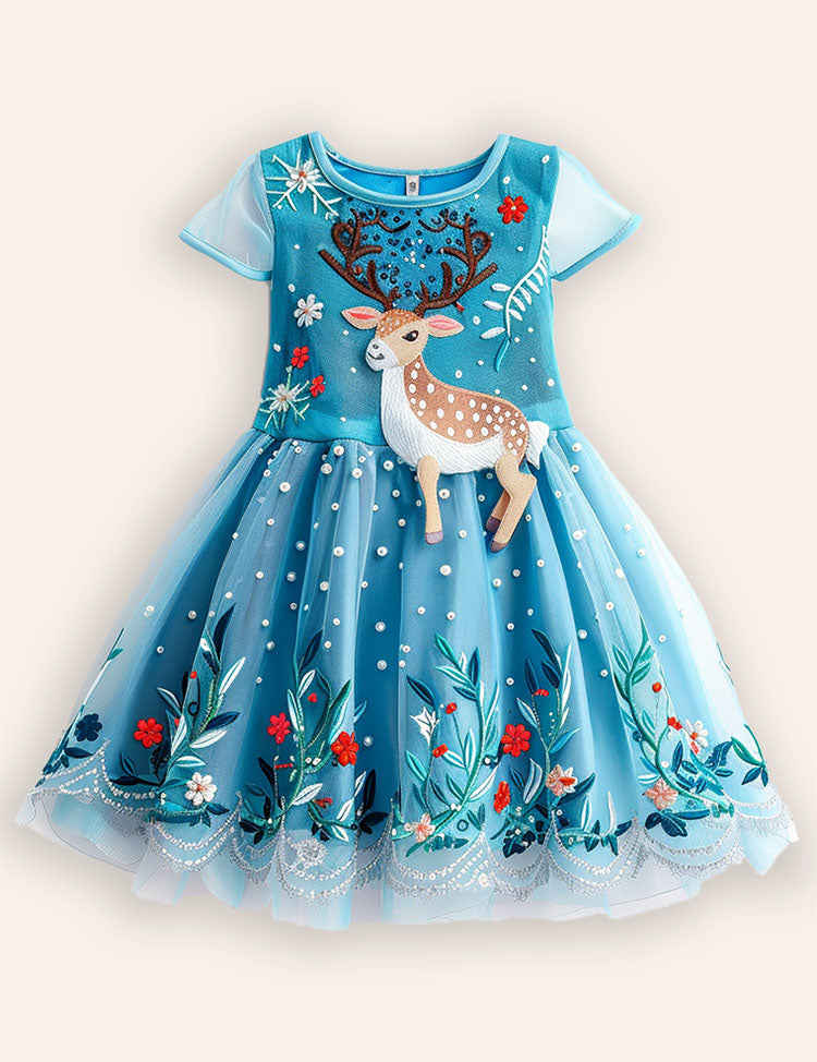 Festival Floral Reindeer Embroidered Tulle Dress