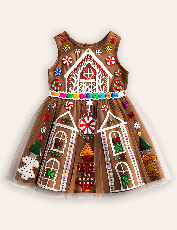 Christmas Gingerbread House Applique Tulle Dress