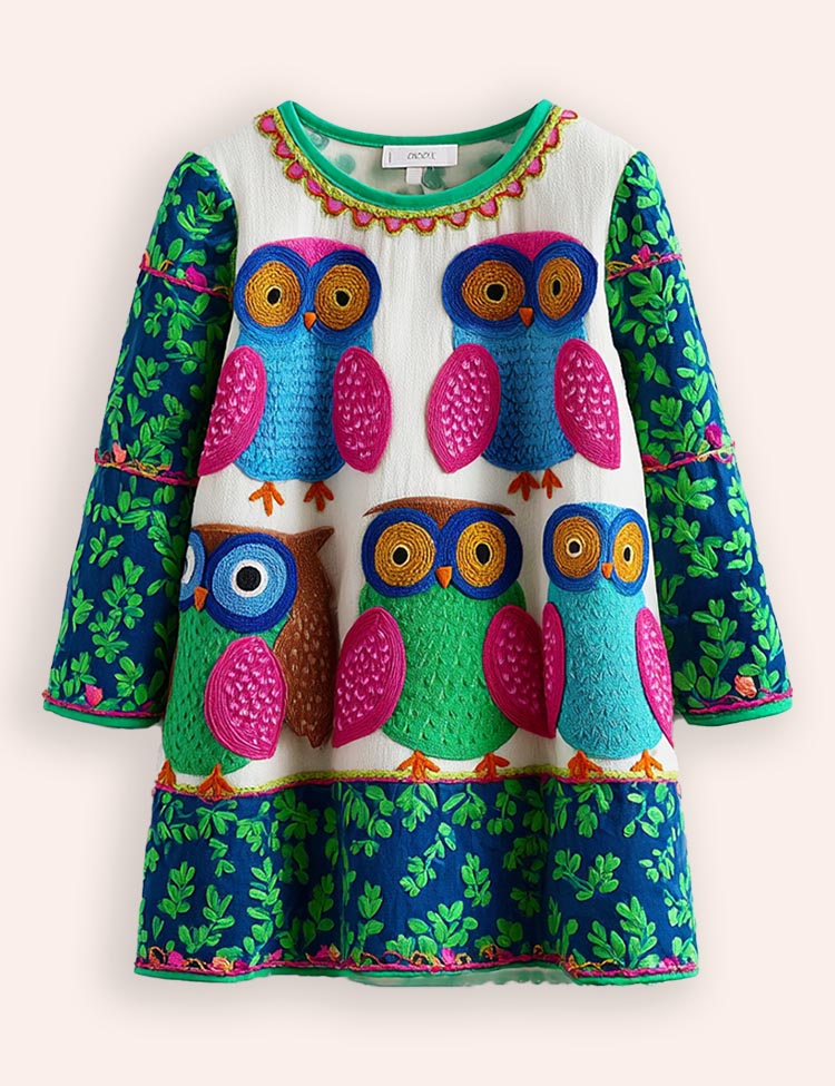 Owl Applique Long Sleeves Dress