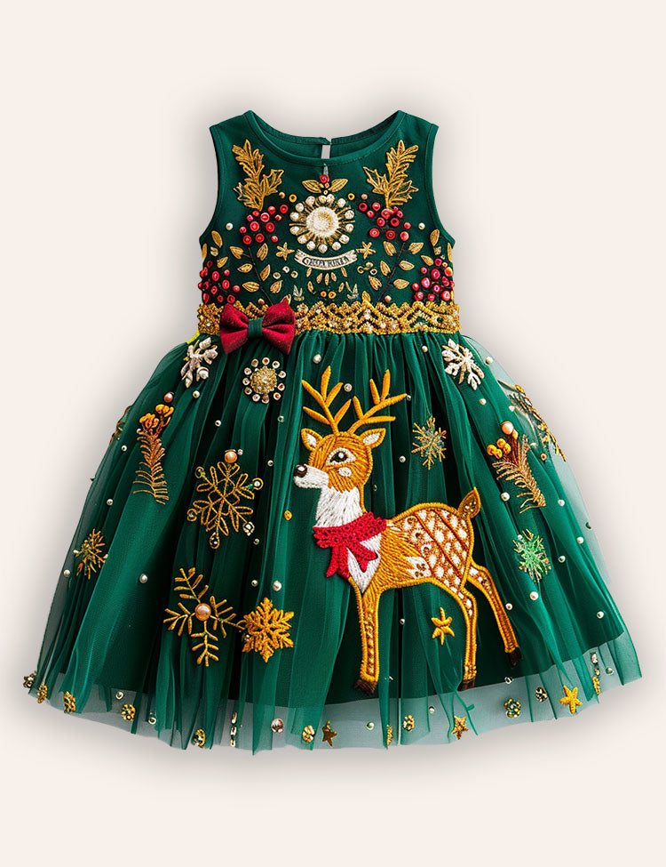 Festival Floral Reindeer Embroidered Tulle Dress