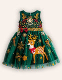 Festival Floral Reindeer Embroidered Tulle Dress