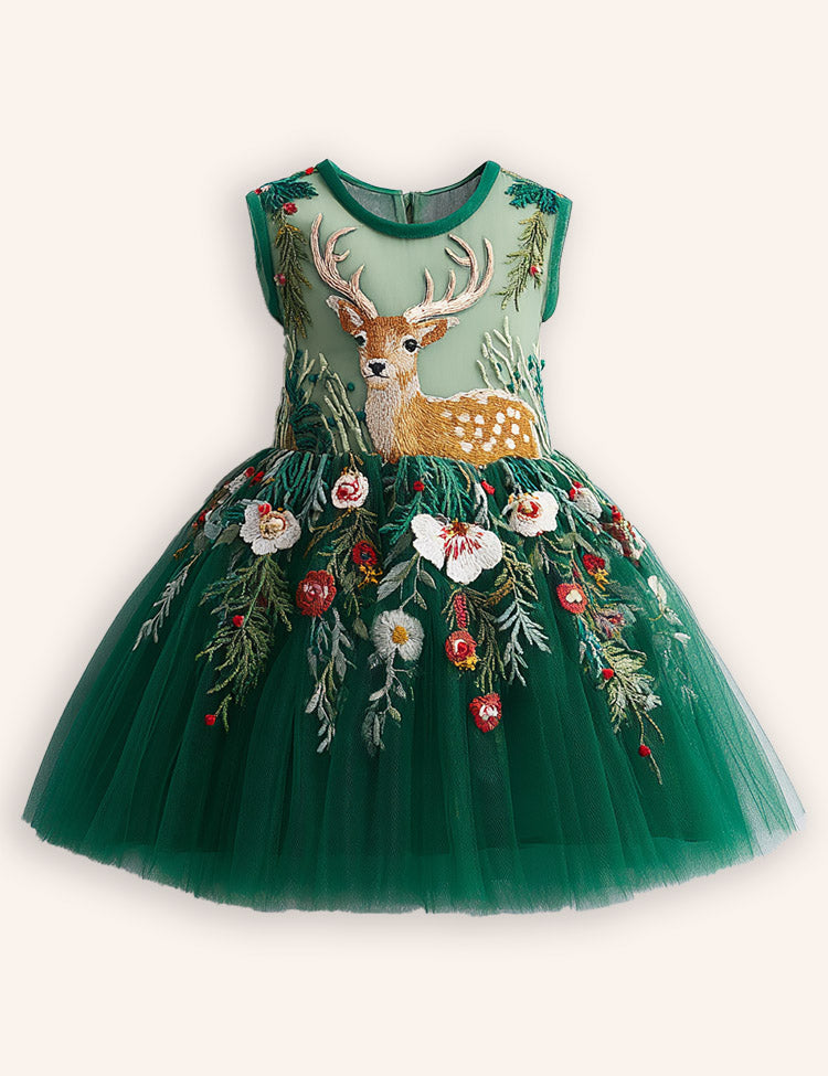 Tulle Floral Reindeer Embroidered Dress