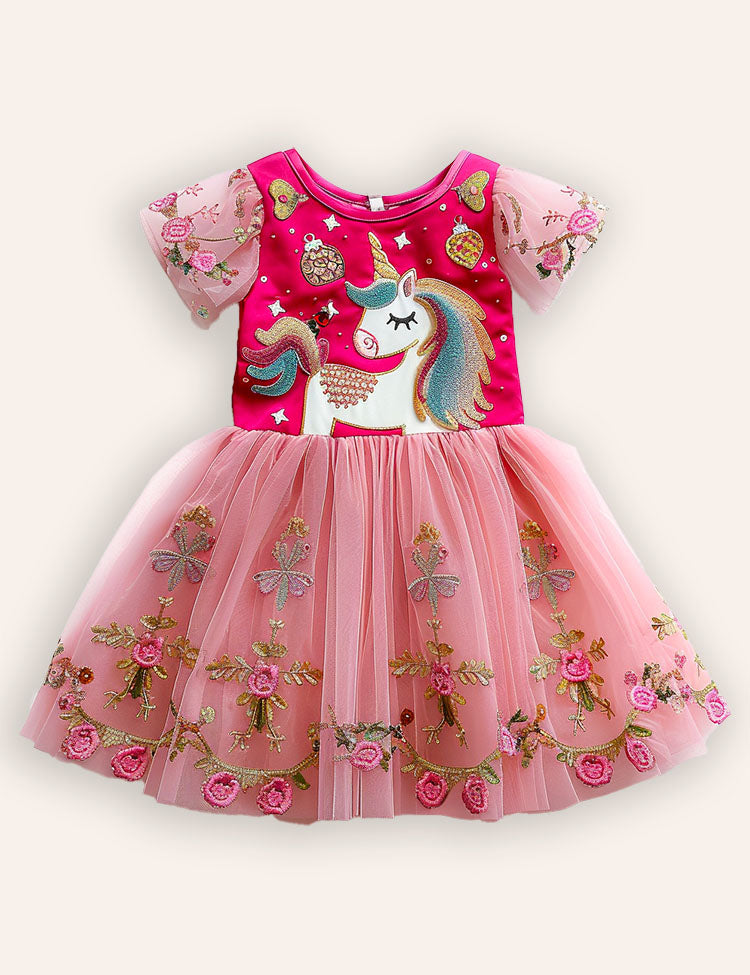 Floral Unicorn Applique Tulle Party Dress