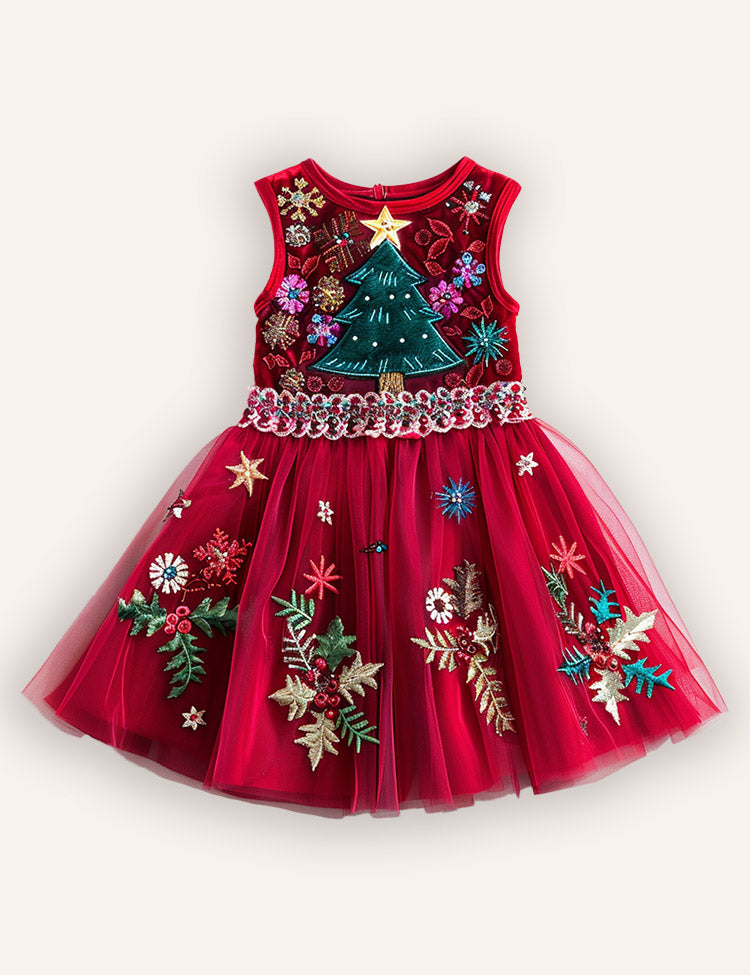 Christmas Tree Applique Tulle Party Dress