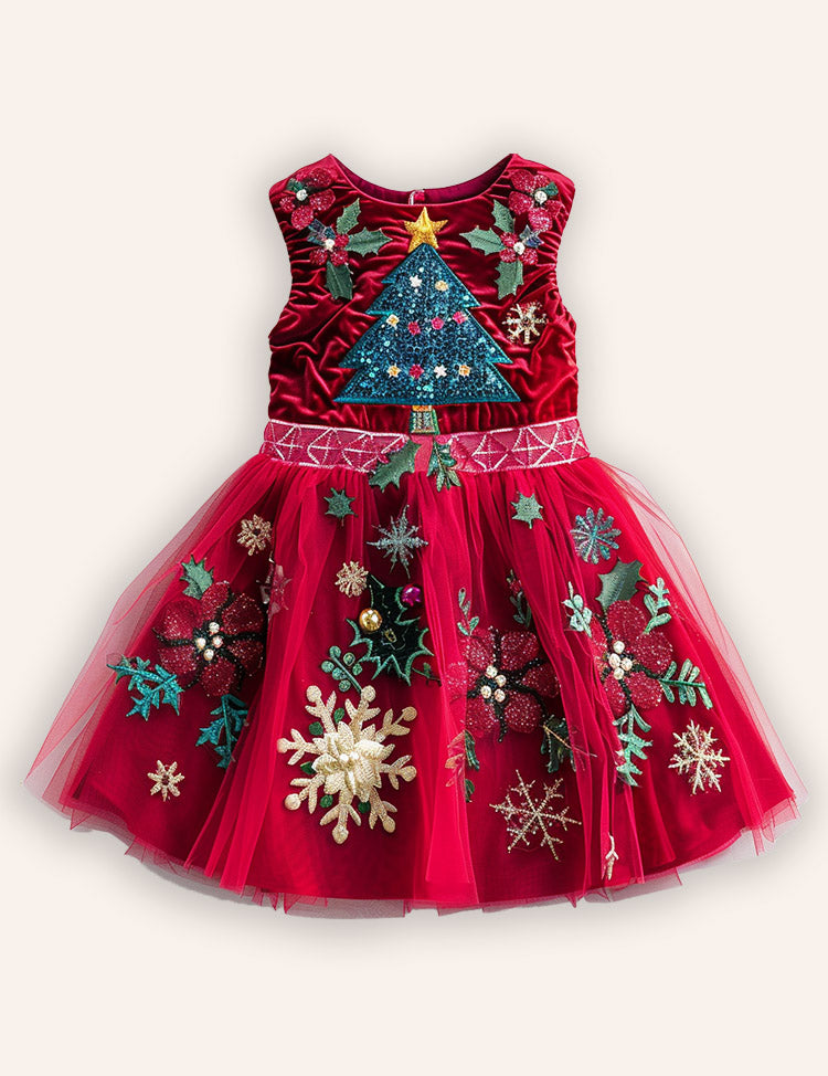 Christmas Tree Applique Tulle Party Dress