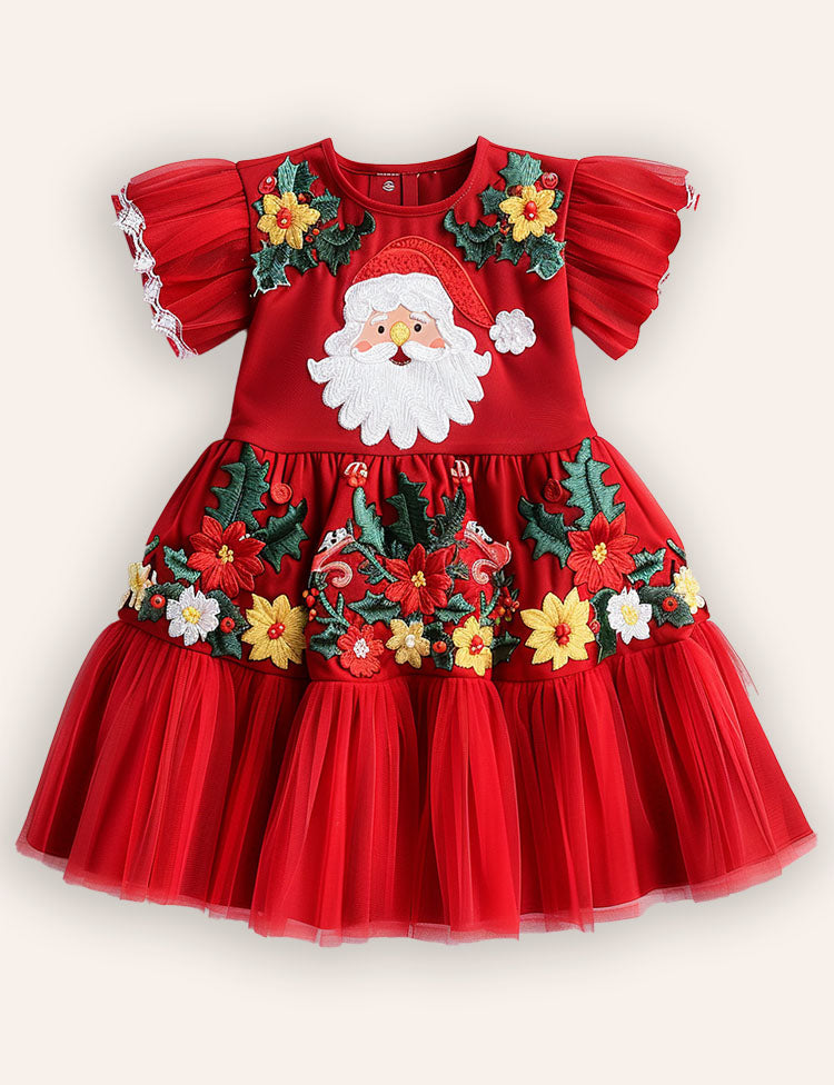 Christmas Santa Embroidery Long Tulle Dress