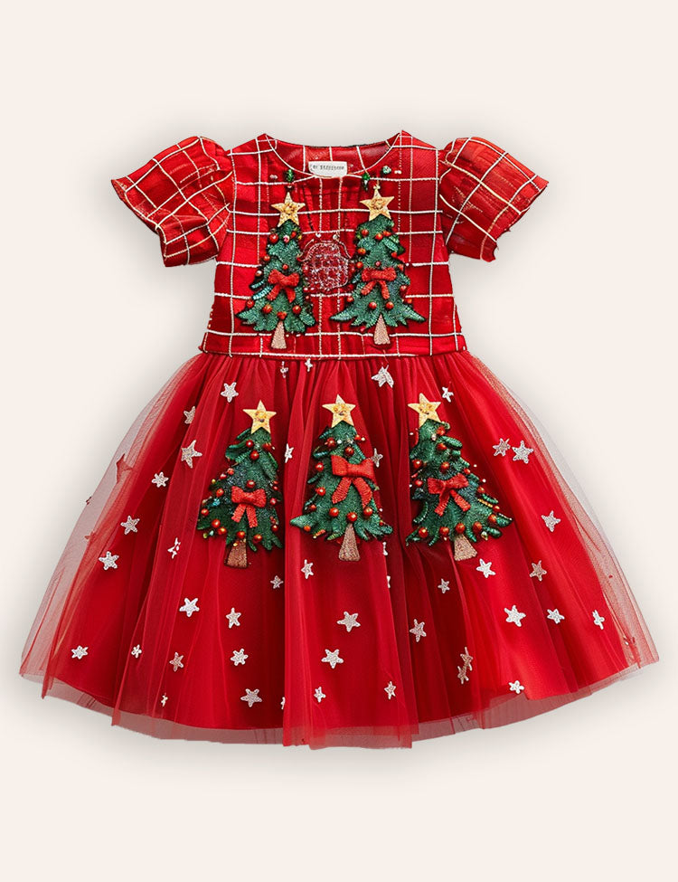 Christmas Tree Applique Tulle Party Dress