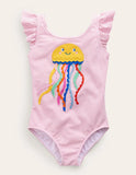 Jellyfish Appliqué Logo Flutter Sleeve Swimsuit