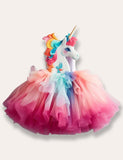Rainbow Unicorn Appliqué Tulle Party Dress
